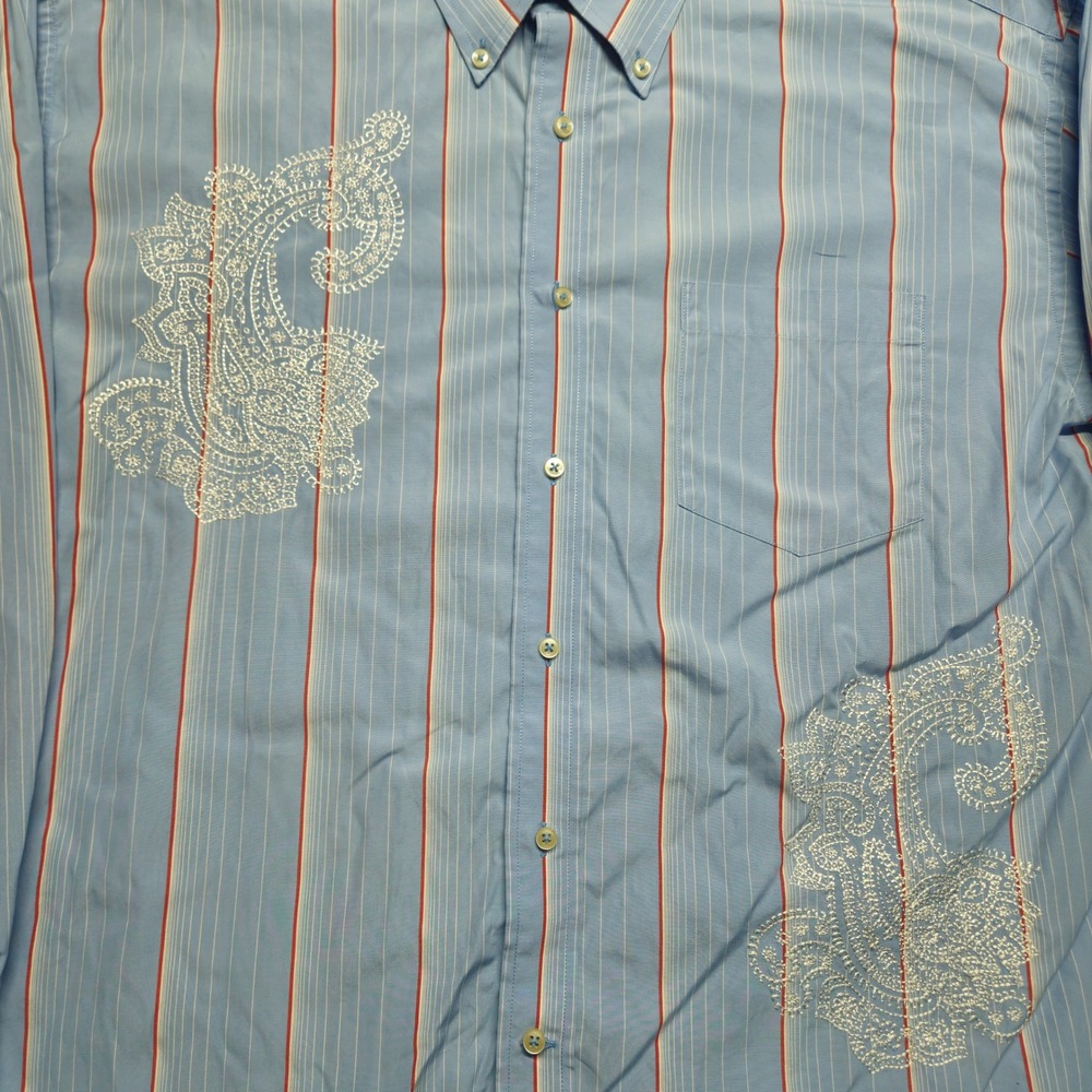 Tommy Hilfiger Button Down Shirt Mens XL Blue Striped Paisley Embroidered Cotton - Picture 3 of 10